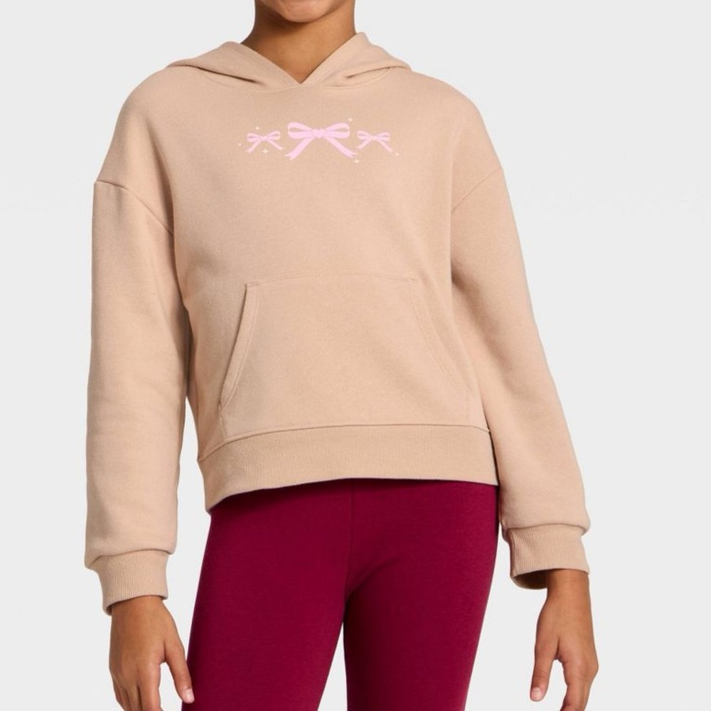 Cat & Jack‎ Girls Fleece Hooded Pullover Sweatshirt Pink Bows Size L 10 12 NWT